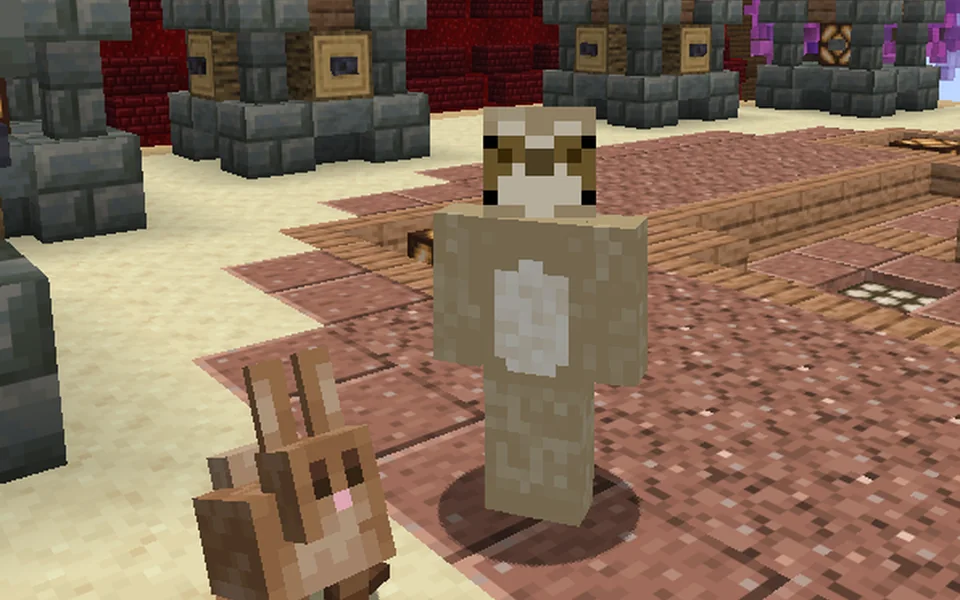 Rabbit companion beside a player in the MCWars lobby