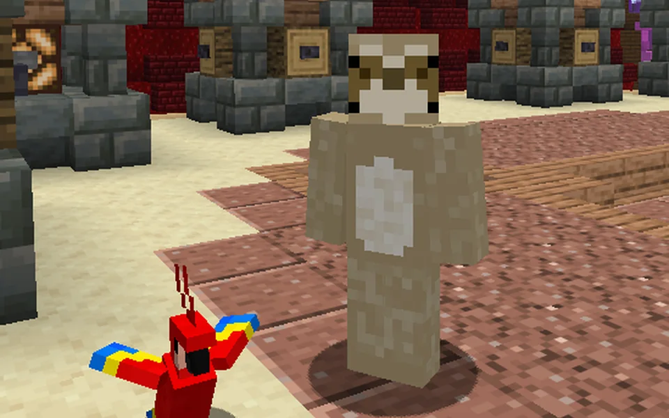 Parrot companion beside a player in the MCWars lobby